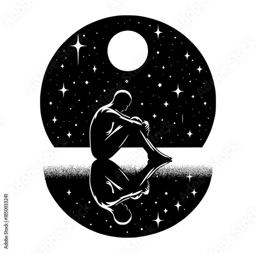 A human figure, sitting with their knees drawn up, reflected in a starry night sky, with a crescent moon visible vector illustration