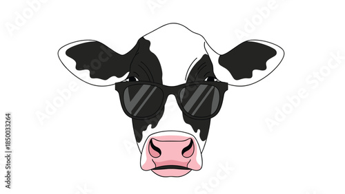 Cool cartoon cow wearing black sunglasses looks directly at the viewer with a confident expression.