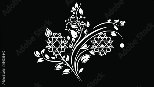 An intricate white floral design featuring geometric patterns on a black background
