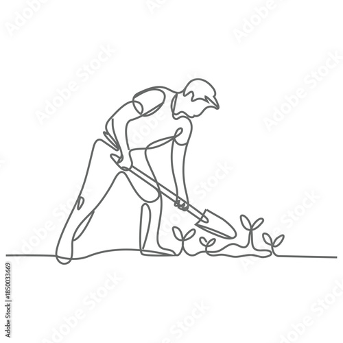 A man with a shovel is planting a tree. Gardening. One line vector illustration.  Plantation ecology concept. Minimalist vector illustration with editable stroke.