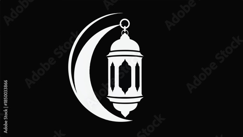 A lantern hangs from a crescent moon against a dark background