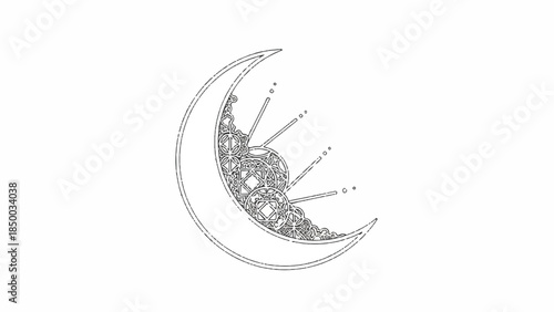 Crescent moon illustration with floral patterns and decorative elements in a minimalist style