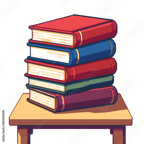 Stack of colorful books on a wooden table.