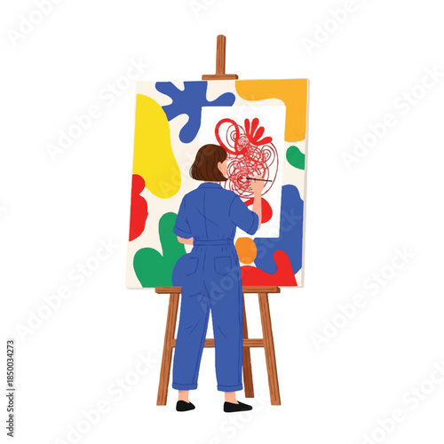 Artist creating abstract masterpiece on large canvas with vibrant colors and bold shapes from behind