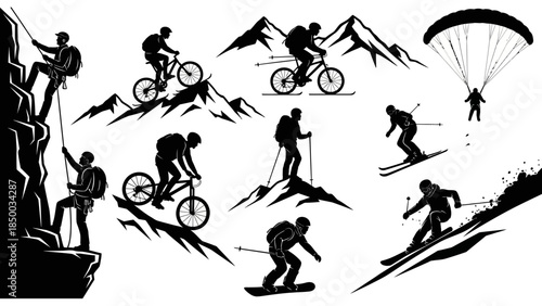 Silhouette icons of extreme sports and adventure activities like mountaineering, cycling, skiing, snowboarding, and paragliding