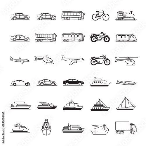 Collection of transportation vehicles including cars buses motorcycles airplanes ships and boats in outlined style