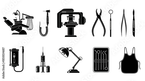 A comprehensive collection of modern dental equipment and surgical tools presented as illustrative black silhouettes, perfect for medical and healthcare design projects