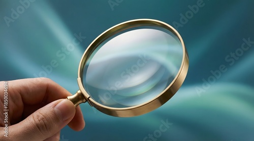 Hand holding magnifying glass for investigation and search