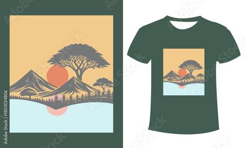 Minimalist Nature Landscape Illustration with Mountains and Sunset.