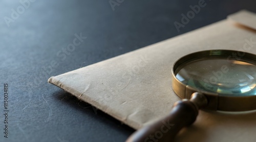 Close up of a magnifying glass on a brown paper document