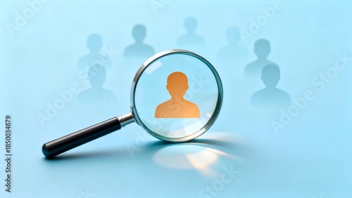 Magnifying glass highlighting one person icon from a crowd