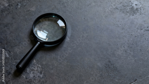 Magnifying glass on dark textured surface.