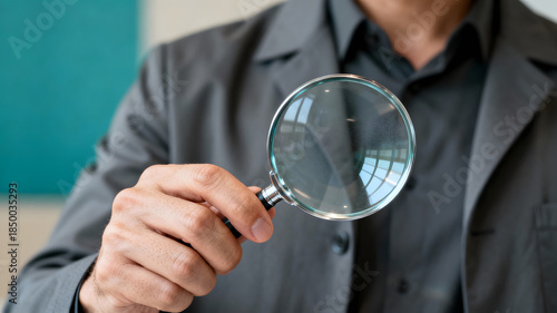Business professional holding magnifying glass for inspection