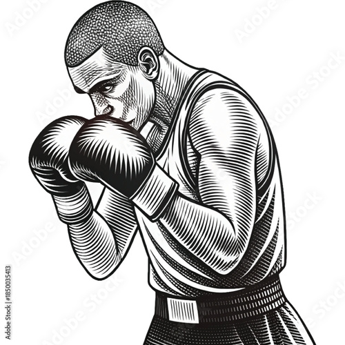 The Boxer in Position: A skilled boxer is ready for a challenge, with a determined gaze and focused stance. Engraving of the art on his athletic form and gloves, showcasing determination.
