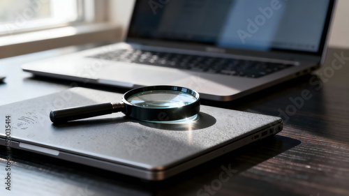Magnifying glass resting on a closed laptop