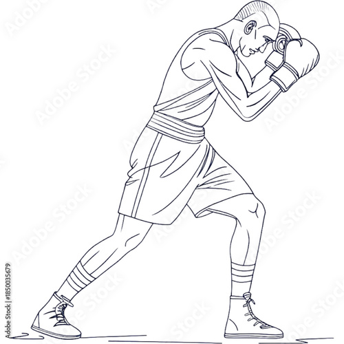 Boxer in stance: A focused boxer in athletic attire, stands in a fighting stance with clenched fists ready to strike, showcasing strength, determination, and the discipline of boxing.