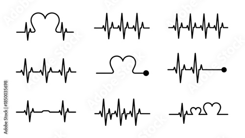 Collection of diverse heartbeat rhythm lines, depicting electrocardiogram pulse signals for medical health monitoring and cardiac activity in a sleek, solid vector design
