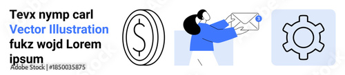 Woman holding envelope representing messaging, dollar coin for financial topics, and gear symbol for settings or workflow. Ideal for business, finance, email campaigns, compliance, workflow