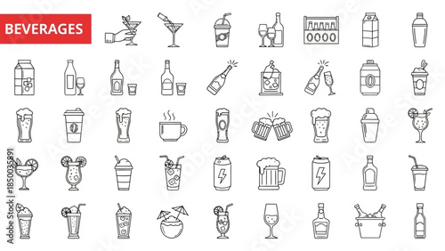 Modern and Sleek Outline Icons Set Representing Diverse Beverage Types, From Refreshing Coffees and Smoothies to Classic Alcoholic Drinks, Ideal for UI/UX, Menu, and Digital Design
