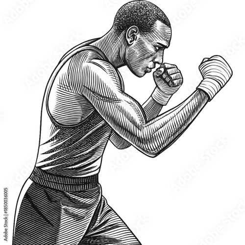 Boxer in Action: A determined boxer poised in a fighting stance, showcasing strength, focus, and the dynamic energy of the sport.