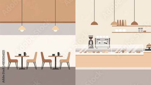 Modern minimalist cafe interior with sleek furniture and coffee bar illustration