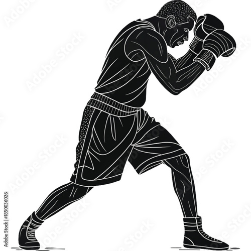 Boxer in Silhouette: A powerful boxer, captured in striking silhouette, adopts a focused and poised stance, exuding the raw energy and skill of the sport. 