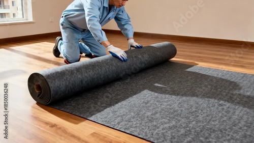 Worker positioning acoustic underlay in a residential apartment emphasizing vibration control and noiseless living spaces.