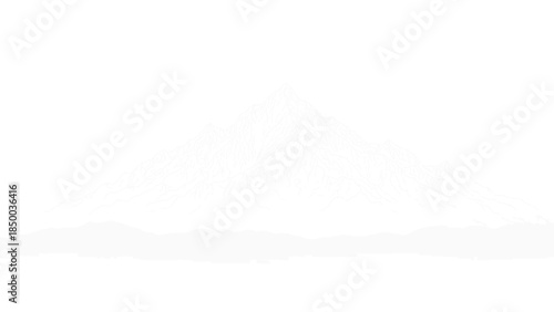 Minimalist line art illustration of a majestic mountain range emerging from a soft white fog or mist background