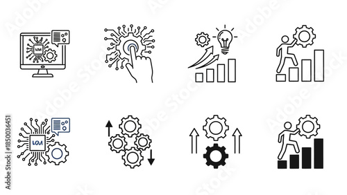 Solid sleek icons representing business growth, innovation, and technological advancement in a professional setting
