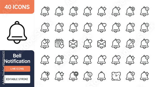 A collection of 40 unique outline bell and notification icons for digital interfaces and applications