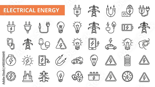 Sleek line vector icons depicting electrical energy. Modern symbols covering power generation, consumption, charging, and technology for diverse industrial and sustainable applications