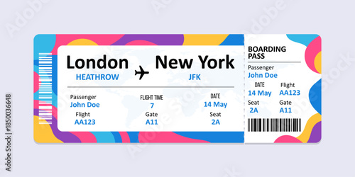 Realistic illustration of airplane ticket boarding pass with passenger name and destination. Concept of travel, journey or business trip.
