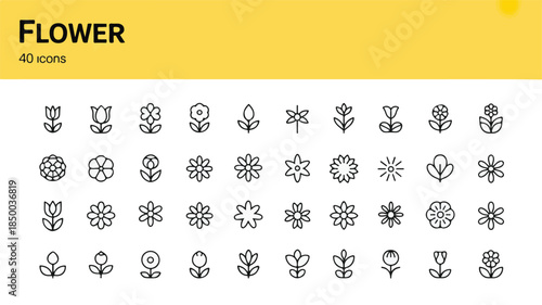 A Collection of 40 Minimalist Line Art Icons Representing Various Flowers and Floral Designs