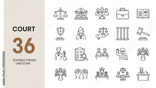 Modern Legal System Outline Icons Set - Justice, Law, and Courtroom Symbols with Editable Strokes for Legal Professionals