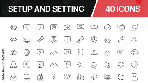 A Collection of 40 Minimalist Line Art Icons Representing Setup and Settings Concepts for Digital Use