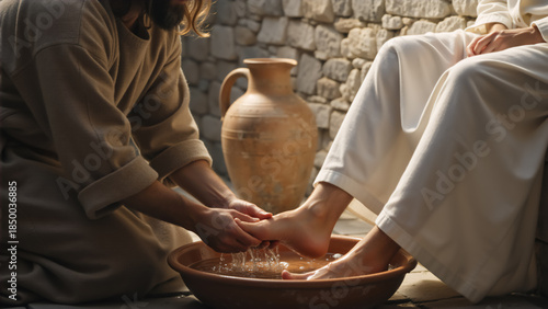 Jesus Christ kneeling to wash the feet of a disciple. Biblical scene representing humility, love, and service