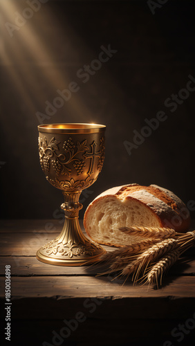 Golden chalice and bread for holy communion. Vertical still life representing the Eucharist and the Last Supper. Christian religious sacrament concept.