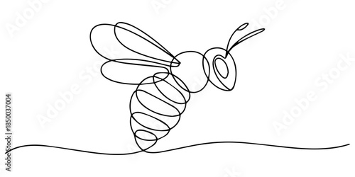 continuous line of bees.one line drawing of flying bees. minimalist single line vector illustration. one line Icon drawing, Continuous one line drawing of a flying bee insect in a minimalist art style
