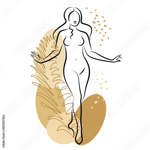 Silhouette of a cute lady and leaves of a plant. The girl is standing. The woman has a beautiful figure. She is young and slim. Vector illustration.