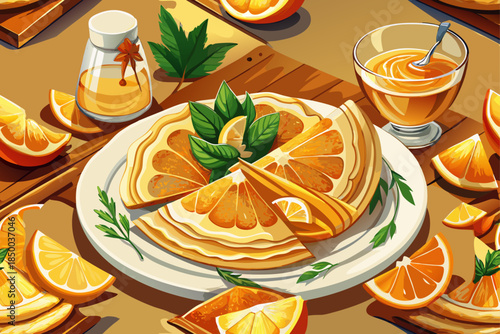 Homemade Crepe Suzette with orange liqueur and fresh orange slices, offering a classic French dessert, beautiful citrus flavors, delicious sweet treats.