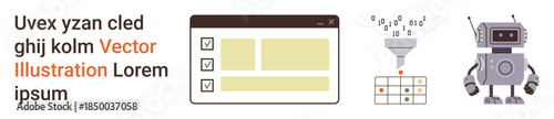 Data analysis, workflow automation, AI technology, task management, binary processing, digital transformation. Robot, binary funnel and checkbox interface. Data analysis and workflow automation