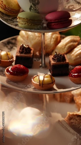 A dessert table with a variety of pastries and cakes. The table is set up in a way that makes it easy for guests to pick and choose their favorite treats. Scene is festive and inviting