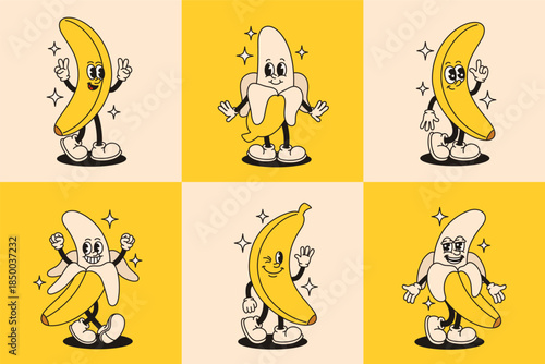 Groovy banana characters in retro style. Flat vector illustration.