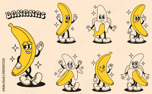 Banana mascot characters in retro groovy style. Flat vector illustration.