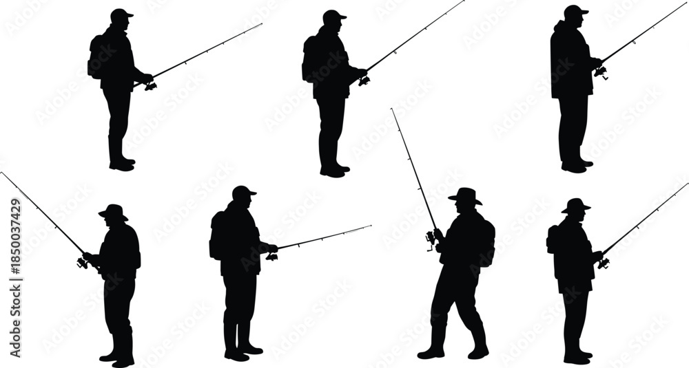 Obraz premium Fishing, silhouette, men, rods, outdoor, sport, hobby, black, pose, backpack, hat, casting, standing, minimal, nature, recreation, stylized, activity, gear, illustration