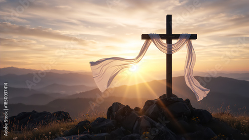 Christian cross with a white shroud on a mountain at sunrise. Easter resurrection concept symbolizing faith, hope, and salvation