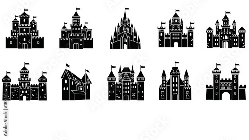A comprehensive collection of solid black castle silhouettes, featuring elegant fortresses and majestic royal palaces. These sleek vector icons are ideal for fantasy-themed designs, 