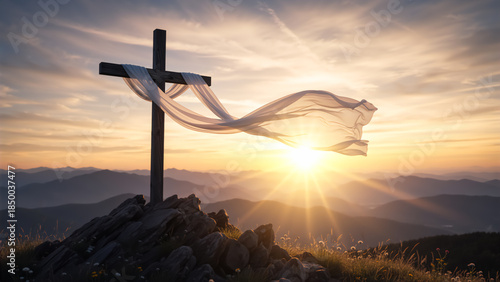 Empty cross with a white cloth on a mountain at sunrise. Christian symbol of resurrection and faith. Easter holiday concept