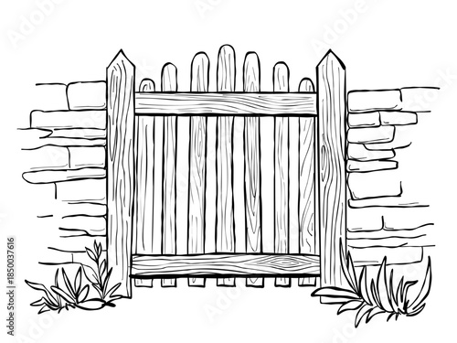 Rustic wooden garden gate set in stone wall black and white hand drawn line illustration with plants and grass