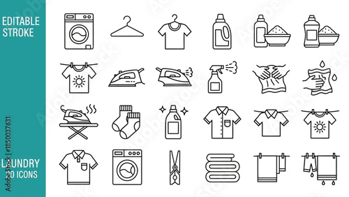 Sleek and versatile collection of twenty minimalist outline vector icons illustrating essential laundry and clothing care tasks for modern graphic design and user interface applications